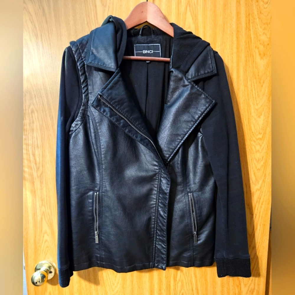 Faux leather jacket with sweatshirt sleeves and hood